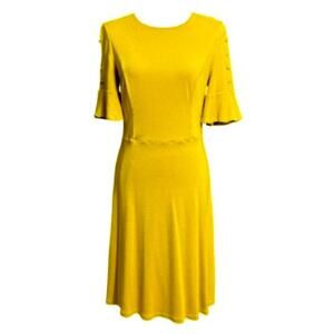 Boden Mustard Yellow Midi Dress with Adorable Buttons on Sleeves Size 8 X0480